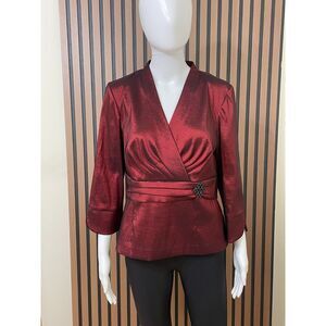 Alex Evenings Women's LP Red Blouse Polyester Top Metallic Taffeta Jewel Brooch